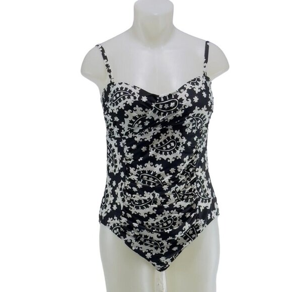 ANNE COLE Women's Swimsuit One Piece Nylon Black White Paisley Pattern Size 14 - Picture 1 of 8
